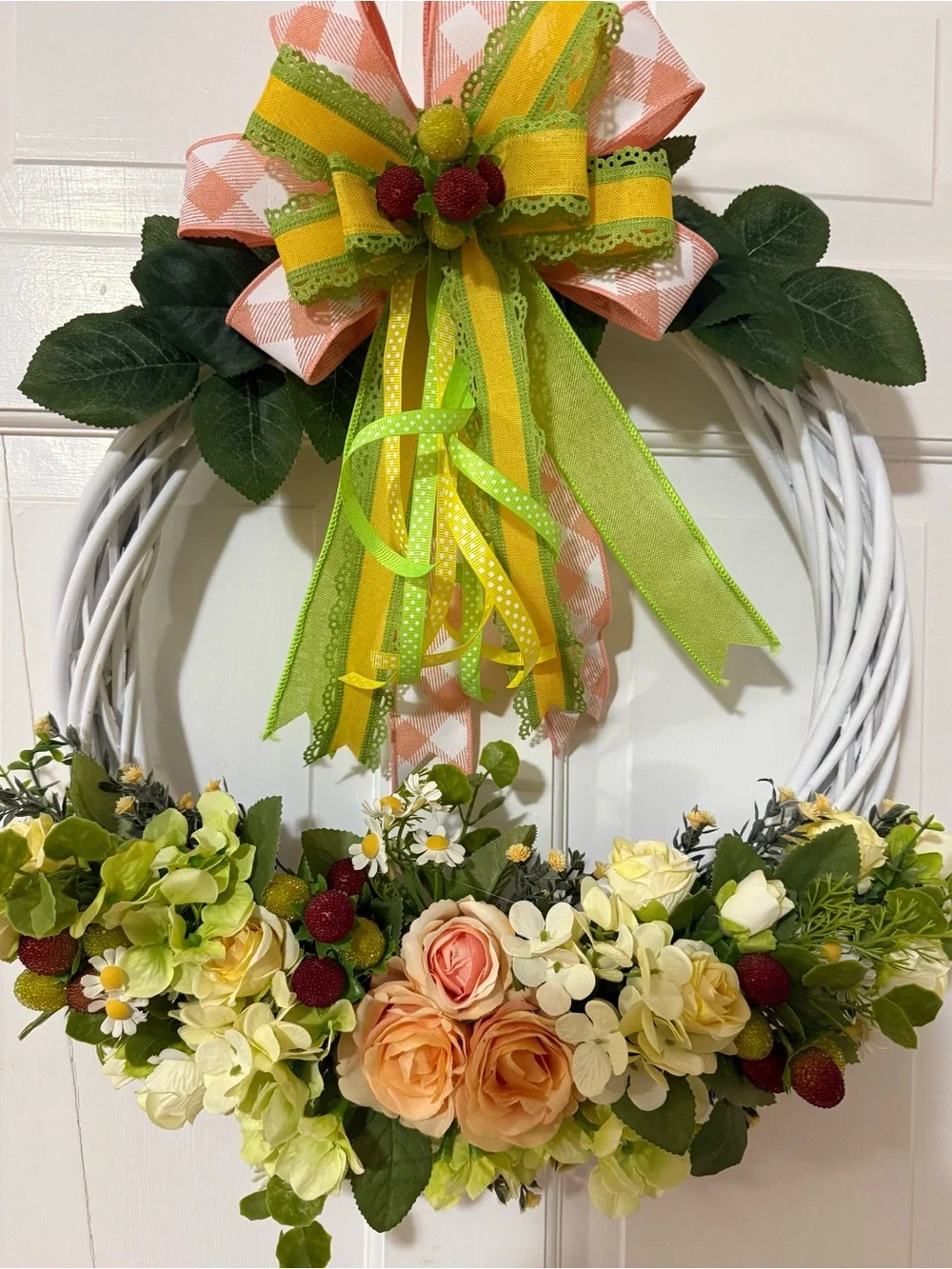 Peach & Green Spring Floral Wreath with Ribbon Bow